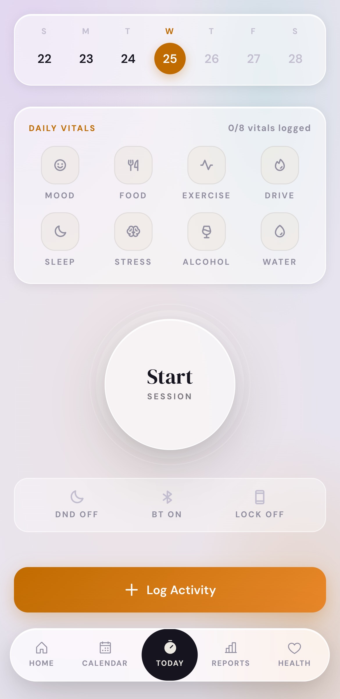 Session tracking — log habits in 30 seconds